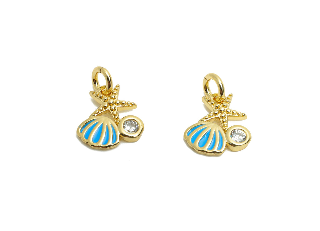 Brass Starfish Earring Charm - Brass Zircon Enamel Shell Charm - Ocean Breeze For Bracelet - 18K Real Gold Plated - 9.19x8.5x1mm - RGP10610 - DOMEDBAZAAR