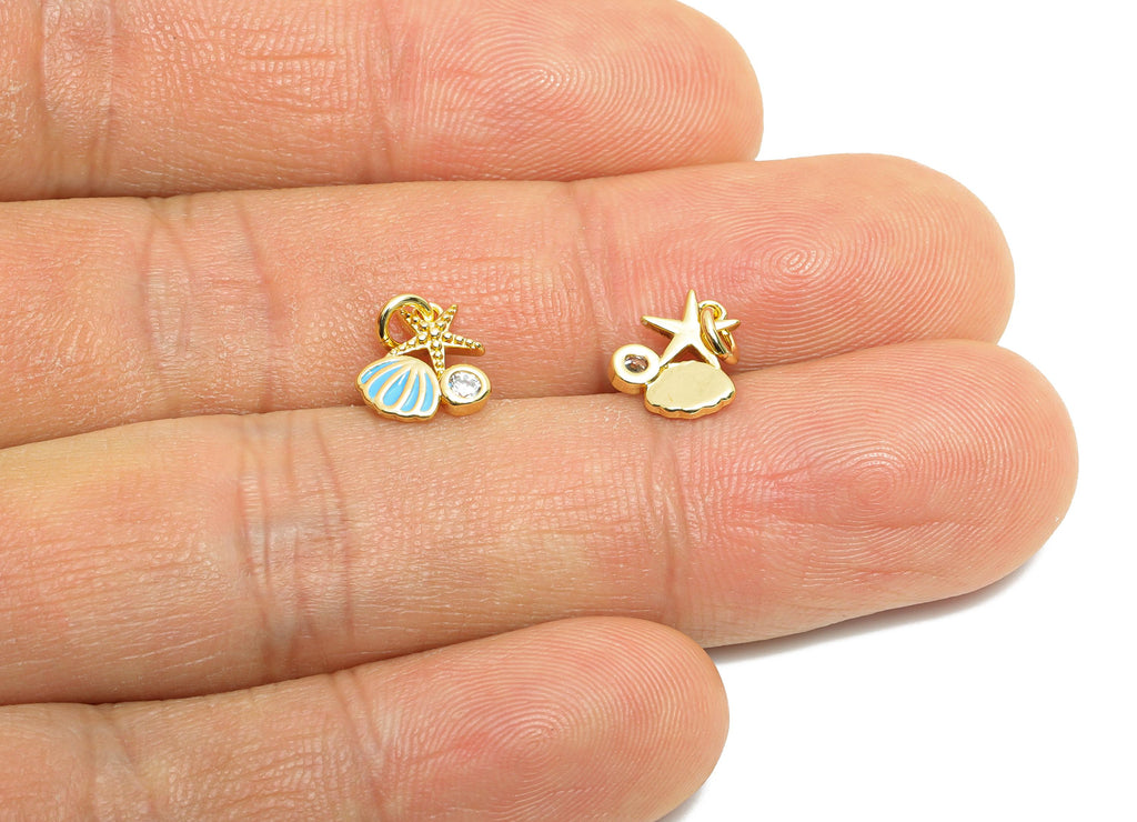 Brass Starfish Earring Charm - Brass Zircon Enamel Shell Charm - Ocean Breeze For Bracelet - 18K Real Gold Plated - 9.19x8.5x1mm - RGP10610 - DOMEDBAZAAR