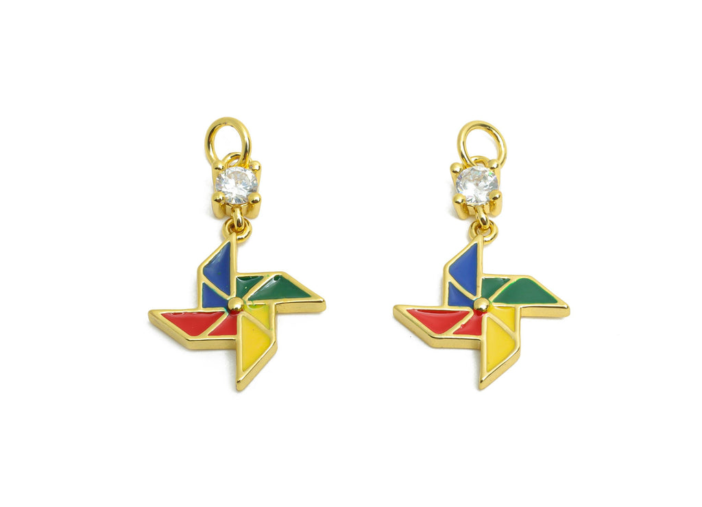 Colorful Pinwheel Earring Charm - Brass Whirlwind Enamel Charm - Zircon Pinwheel Jewelry Charm - 18K Real Gold Plated - 18x11x1mm -RGP10598 - DOMEDBAZAAR
