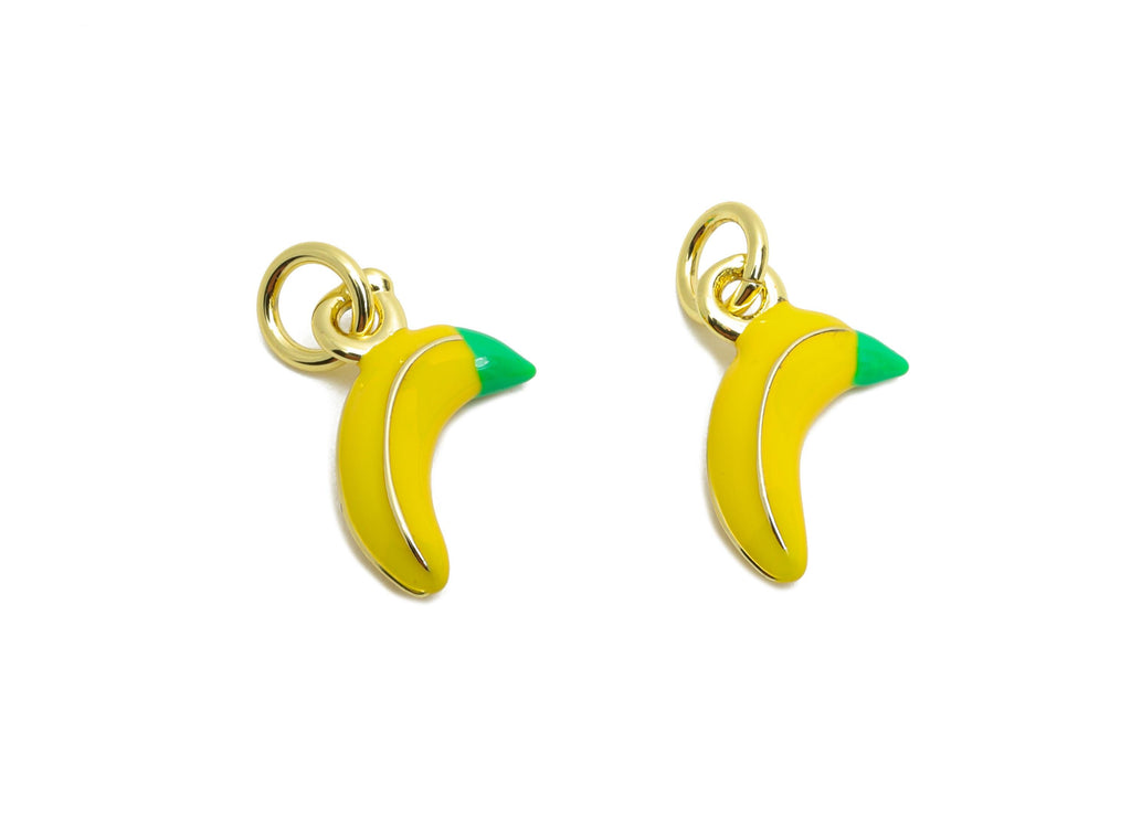 Brass Banana Earring Charm - Brass Colorful Enamel Charm - Dainty Yellow Banana For Bracelet - 18K Real Gold Plated - 13x8x2mm - RGP10597 - DOMEDBAZAAR