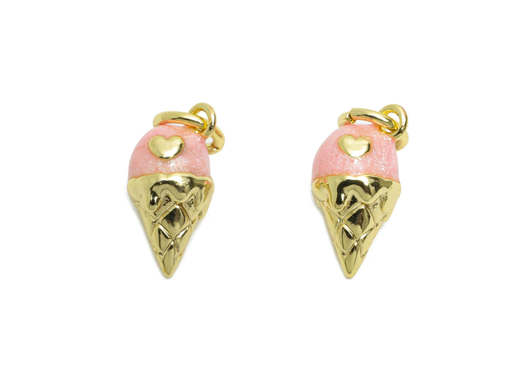 Brass Ice Cream Cone Earring Charm - Brass Enamel Earring Charm - Cute Charm For DIY Bracelet - 18K Real Gold Plated - 11x6x6mm - RGP10613 - DOMEDBAZAAR