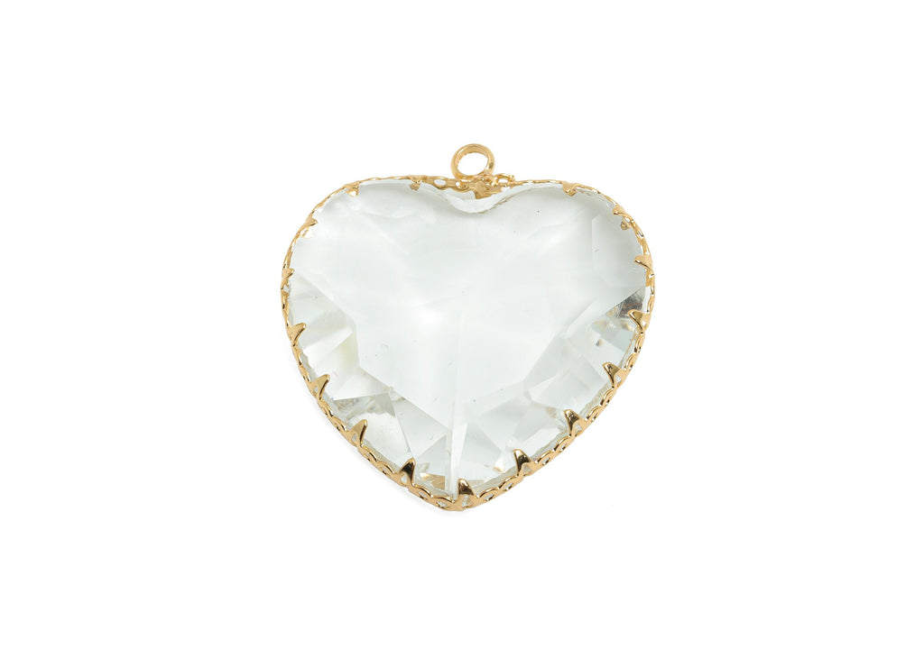 Glass Heart Earring Charms - Brass Sparking Frame Pendant - Romantic Heart Charm - Faceted Glass - Gold Tone Plated - 31x27.94x9mm - GS1163B - DOMEDBAZAAR