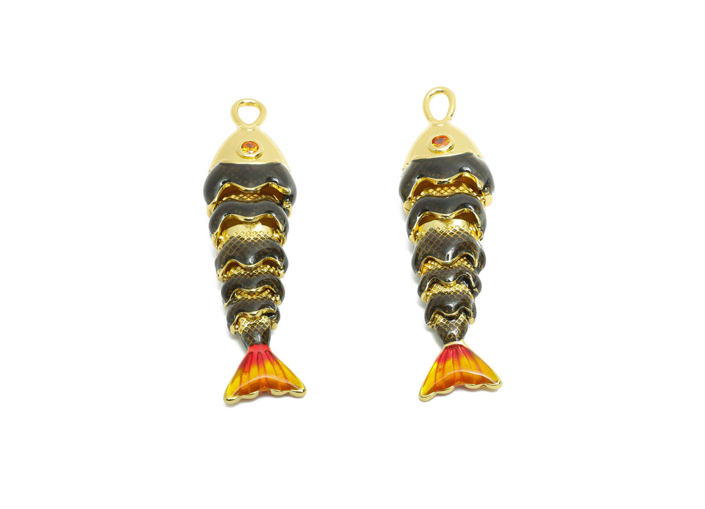 Dainty Cloisonne Enamel Fish Charm - Brass Movable Fish Charm - CZ Handmade Articulated Fish - 18K Real Gold Plating - 40x10x7mm - RGP10441 - DOMEDBAZAAR