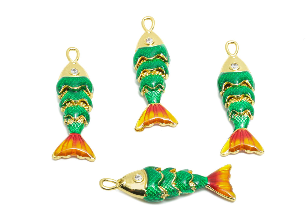 Refined Cloisonne Enamel Fish Charm - Brass Movable Fish Charm - CZ Handmade Articulated Fish - 18K Real Gold Plated - 27x8x5.9mm - RGP10442 - DOMEDBAZAAR