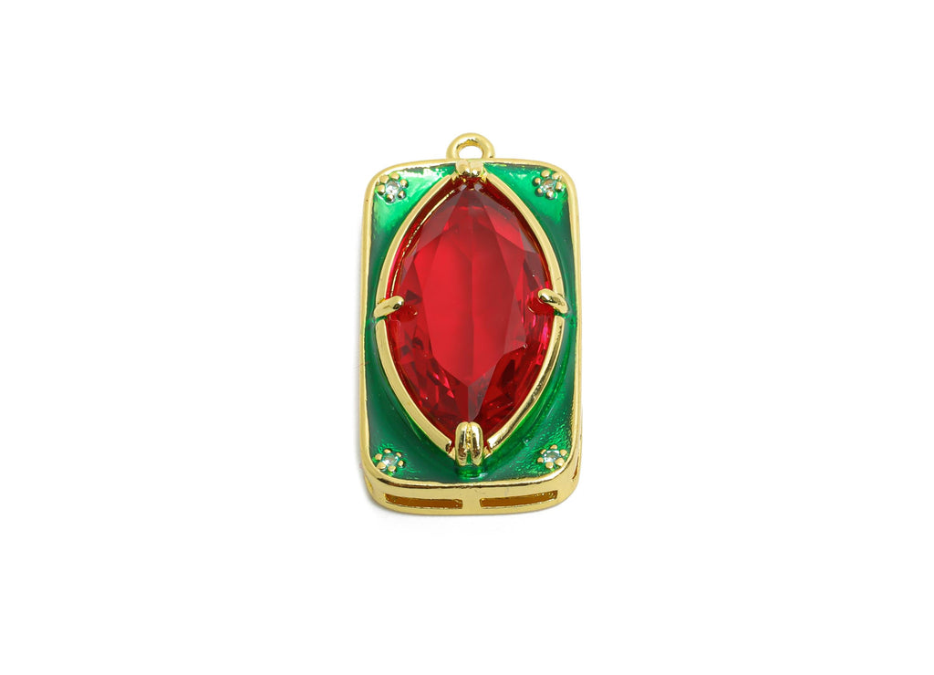 Brass Rectangle Charm - Marquise Glass Enamel Pendant - Statement CZ Geometric Jewelry - 18K Real Gold Plated - 27.15x14x6.52mm - RGP10444 - DOMEDBAZAAR