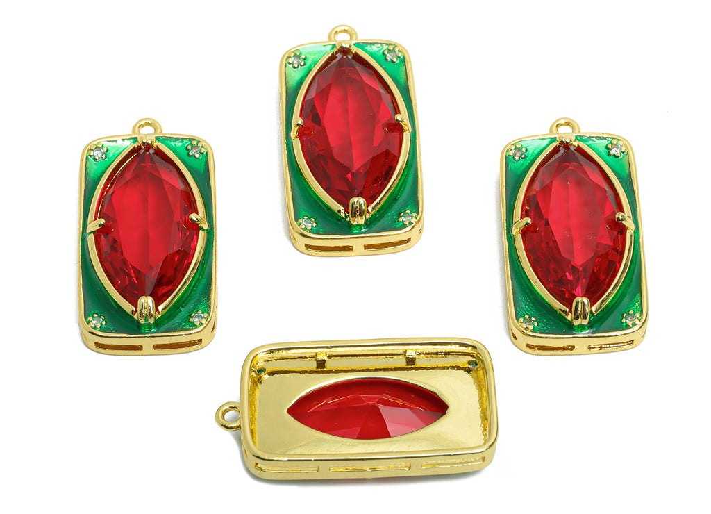 Brass Rectangle Charm - Marquise Glass Enamel Pendant - Statement CZ Geometric Jewelry - 18K Real Gold Plated - 27.15x14x6.52mm - RGP10444 - DOMEDBAZAAR