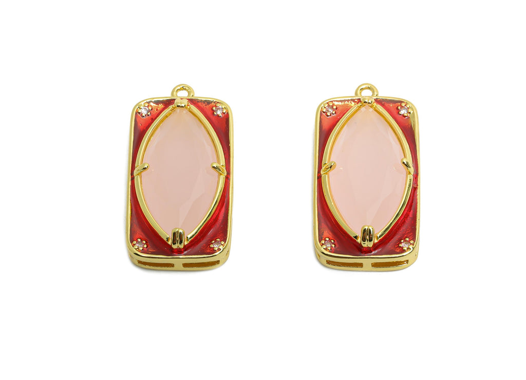 Brass Rectangle Charm - Marquise Glass Enamel Pendant - Statement CZ Geometric Jewelry - 18K Real Gold Plated - 27.15x14x6.52mm - RGP10445 - DOMEDBAZAAR