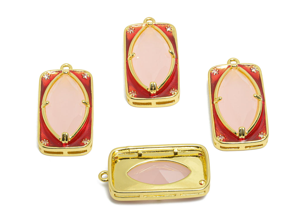 Brass Rectangle Charm - Marquise Glass Enamel Pendant - Statement CZ Geometric Jewelry - 18K Real Gold Plated - 27.15x14x6.52mm - RGP10445 - DOMEDBAZAAR
