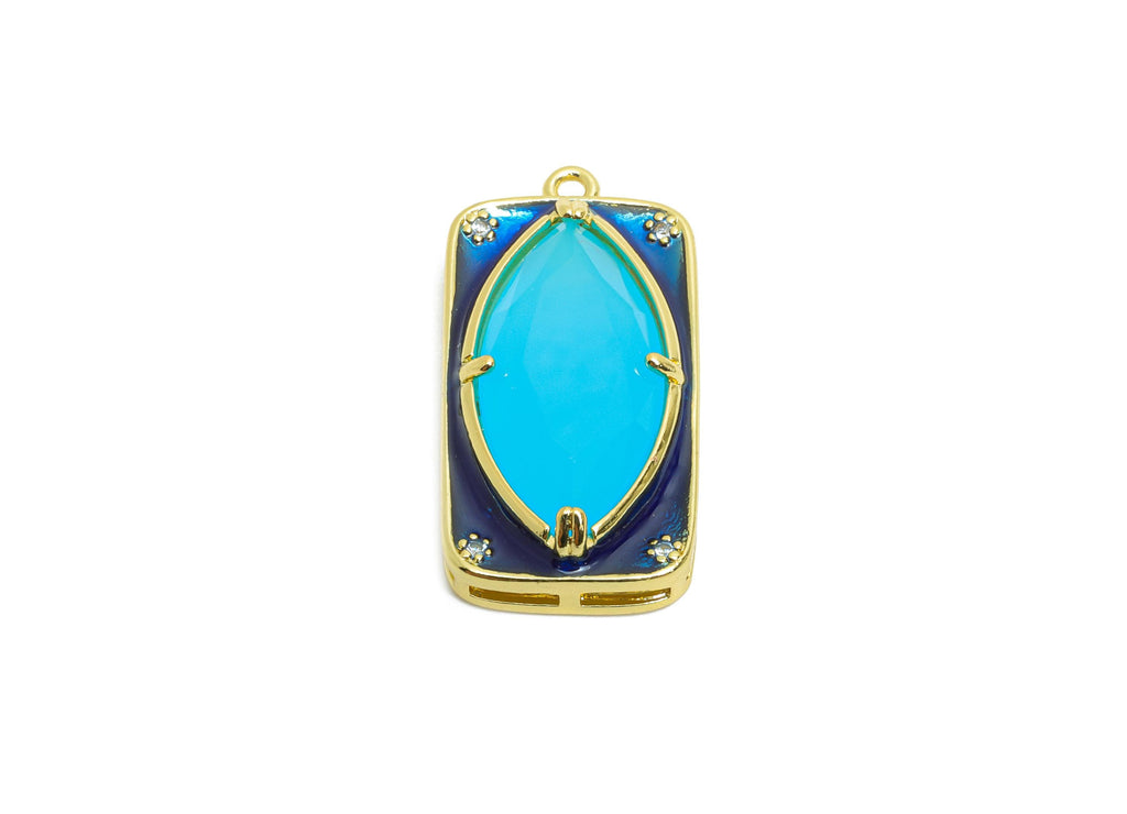Brass Rectangle Charm - Marquise Glass Enamel Pendant - Statement CZ Geometric Jewelry - 18K Real Gold Plated - 27.15x14x6.52mm - RGP10446 - DOMEDBAZAAR