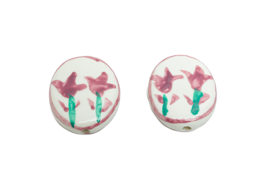 Glazed Ceramic Oval Tulip Bead - Purple Flower Nature Ceramic Beads - Handmade Beads Connectors - Jewelry DIY Bead - 20x16.55x5mm - NS2848B - DOMEDBAZAAR