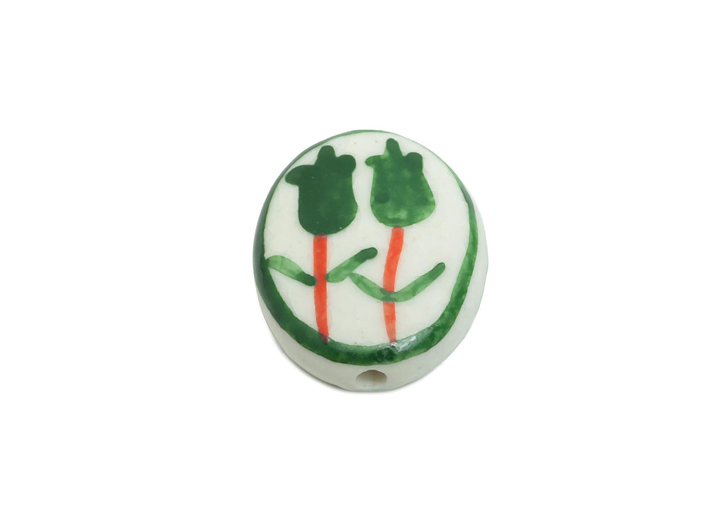 Glazed Ceramic Oval Tulip Bead - Green Flower Nature Ceramic Beads - Handmade Beads Connectors - Jewelry DIY Bead - 19.75x15.94x5mm -NS2848D - DOMEDBAZAAR