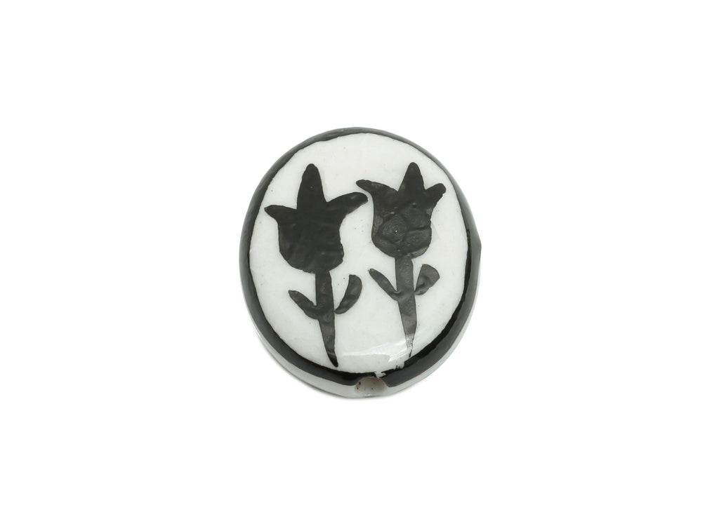 Glazed Ceramic Oval Tulip Bead - Black Flower Nature Ceramic Beads - Handmade Beads Connector - Jewelry DIY Bead - 19.67x16x5.36mm -NS2848F - DOMEDBAZAAR