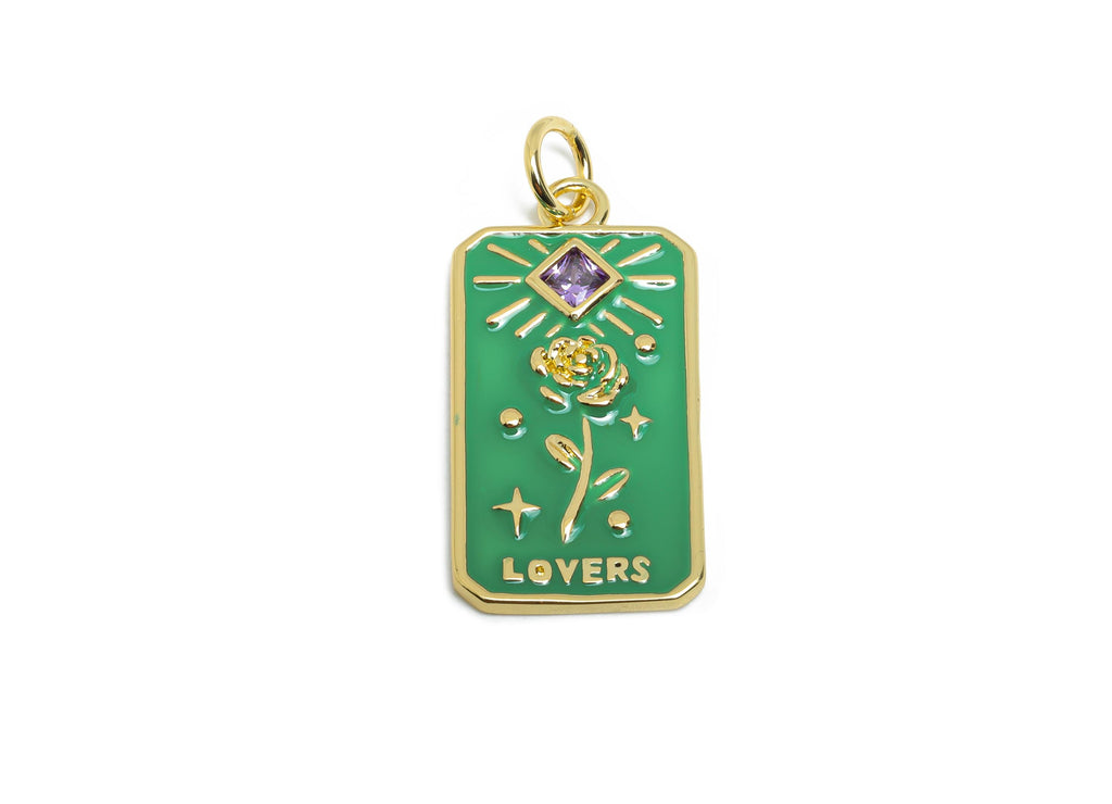 Green Flower Pendant - Brass Square Zircon Enamel Rose Jewelry - Rectangle Space Pendant - 18K Real Gold Plating - 27x14x2.04mm - RGP9724 - DOMEDBAZAAR