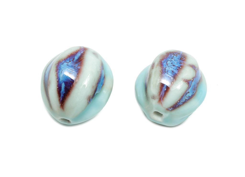 Striped Oval Ceramic Bead - Craft Beads for Necklace or Bracelet - Rustic Artisan - Textured Ceramic  Making Supplies -27x25x25.7mm - NS2817 - DOMEDBAZAAR