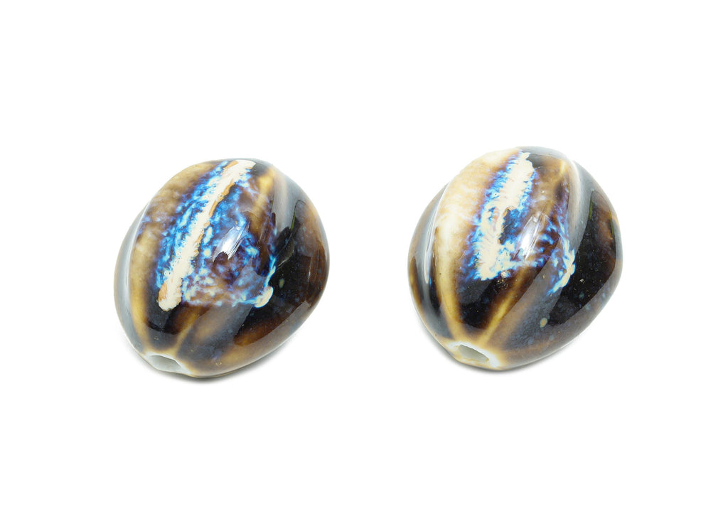 Striped Oval Ceramic Bead - Craft Beads for Necklace or Bracelet - Rustic Artisan - Textured Ceramic  Making Supplies - 28x21x25mm - NS2812 - DOMEDBAZAAR
