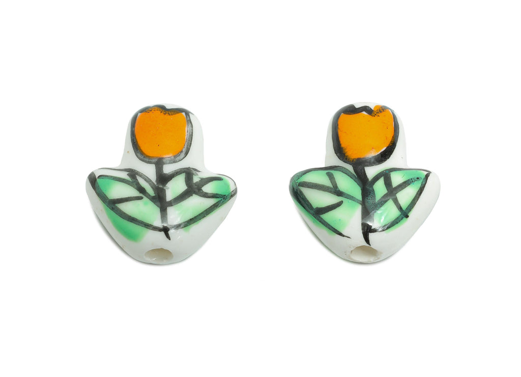 Ceramic Floral Beads - Craft Beads for Necklace or Bracelet - Orange Tulip Handmade Bead - Textured Making Supplies - 16.12x14x7mm - NS2855A - DOMEDBAZAAR