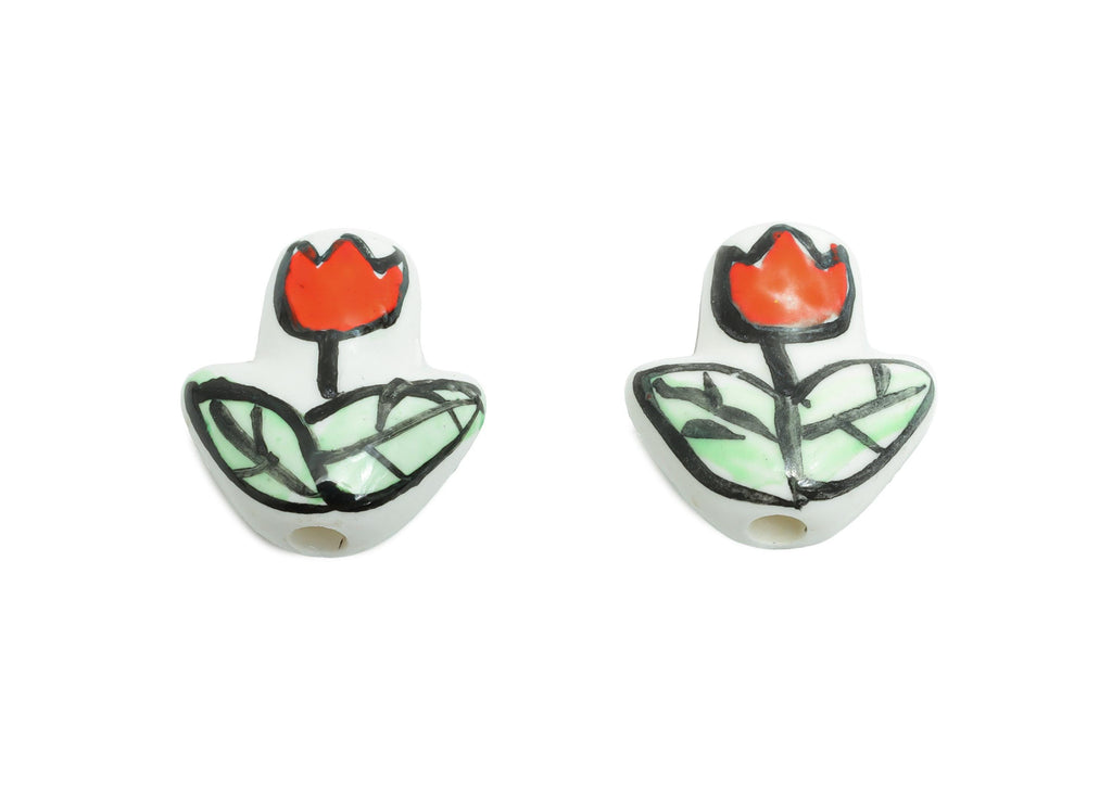 Ceramic Floral Beads - Craft Beads for Necklace or Bracelet - Red Tulip Handmade Beads - Handmade Textured Making - 16.12x14x7mm - NS2855C - DOMEDBAZAAR