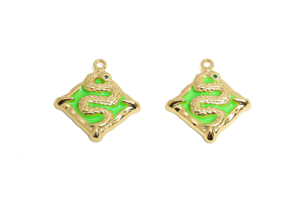 Snake Enamel Square Pendant - Brass Square Zircon Enamel Jewelry - Vintage Snake Pendant - 18K Real Gold Plating - 20x18x3mm - RGP9708 - DOMEDBAZAAR