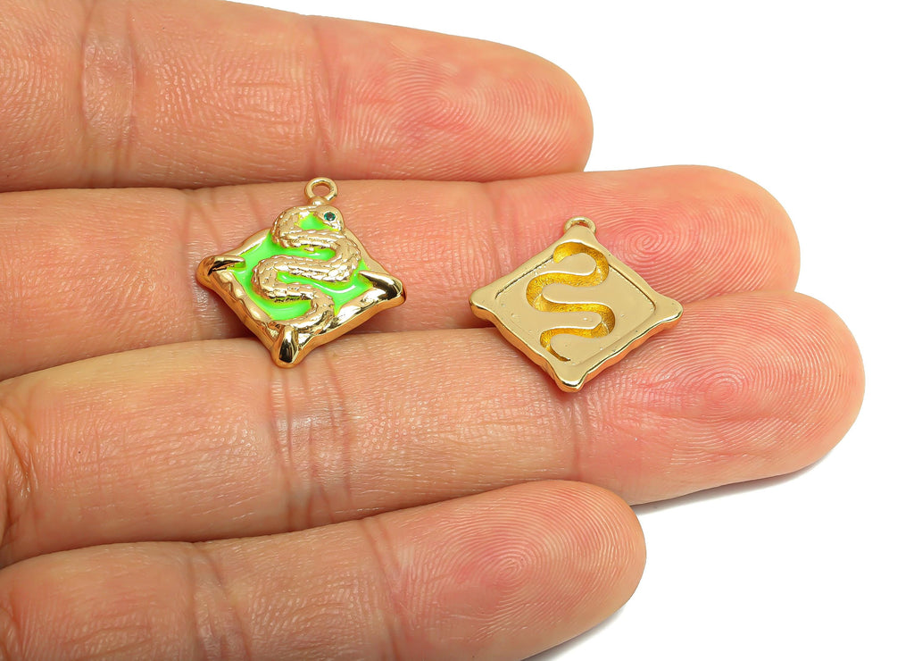 Snake Enamel Square Pendant - Brass Square Zircon Enamel Jewelry - Vintage Snake Pendant - 18K Real Gold Plating - 20x18x3mm - RGP9708 - DOMEDBAZAAR