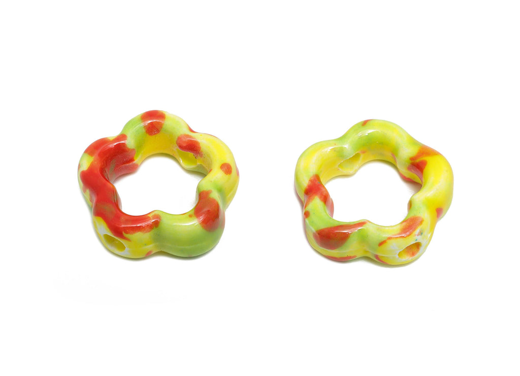 Glazed Ceramic Floral Beads - Craft Beads for Necklace or Bracelet - Rainbow Flower Beads - Handmade  Making Supplies - 15x15x5mm - NS2827 - DOMEDBAZAAR