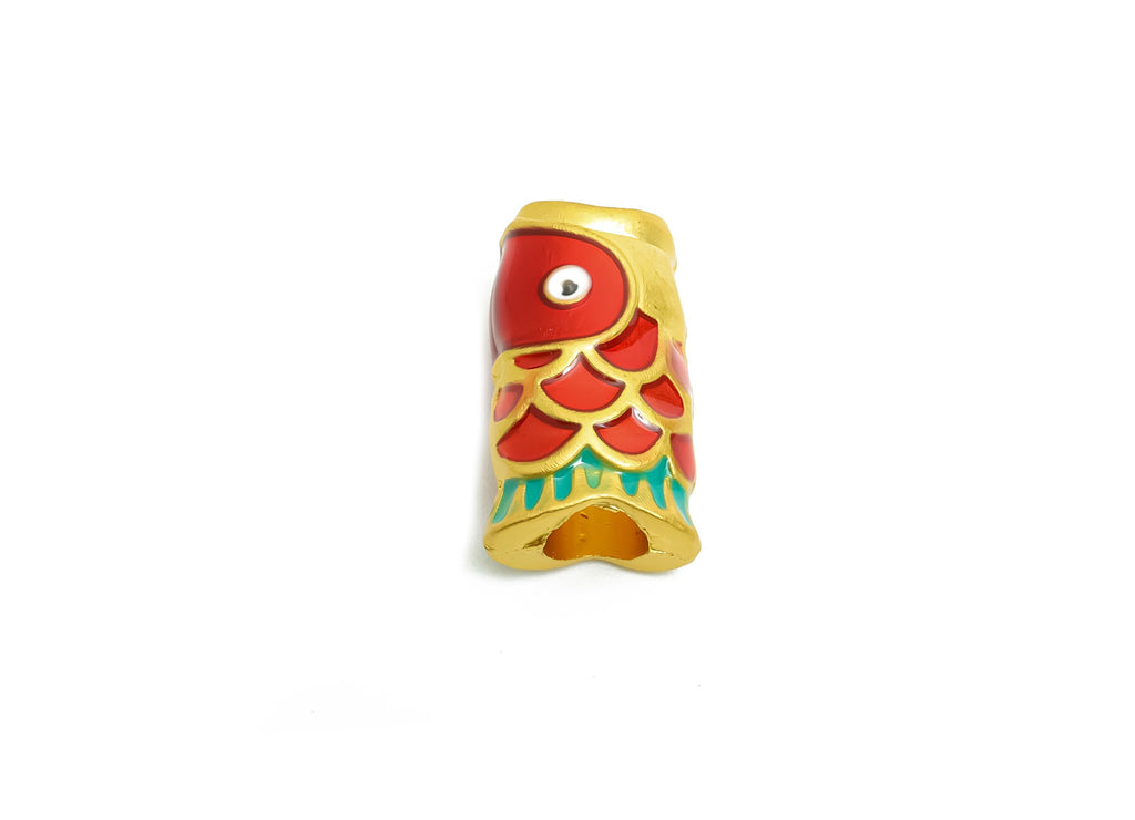 Alloy Fish Koi Bead - Enamel Fish Tube for Bracelets - Marine Artisan Fish Bead - Eastern Charm - 18K Matte Gold - 16.36x9.2x6.9mm - ZZ2142 - DOMEDBAZAAR