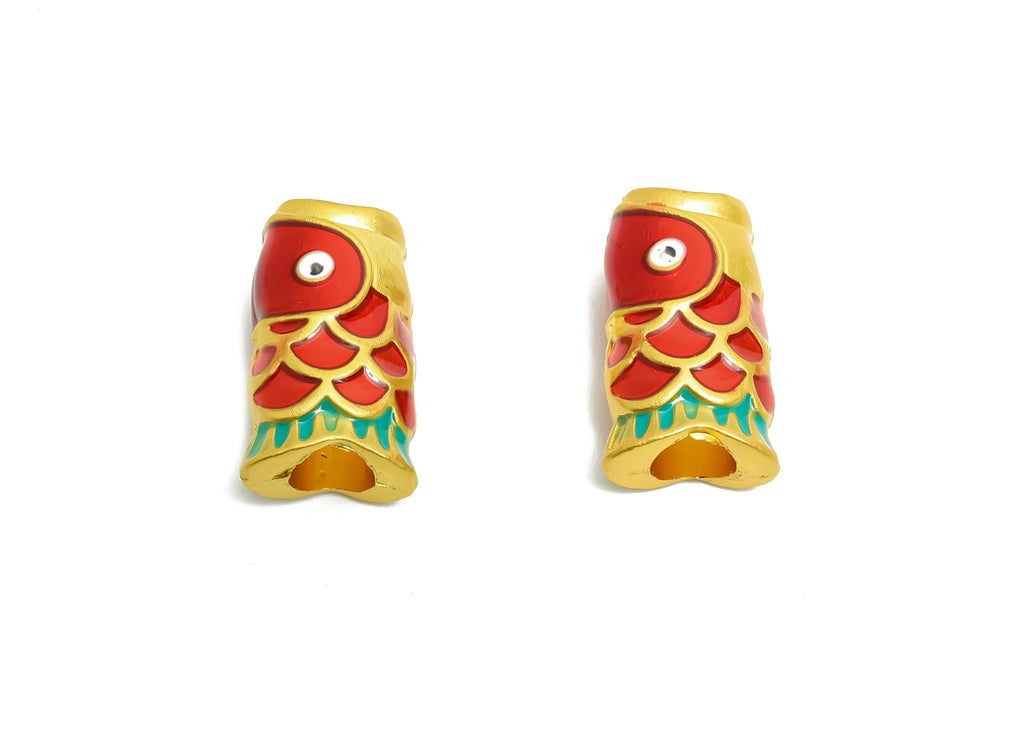 Alloy Fish Koi Bead - Enamel Fish Tube for Bracelets - Marine Artisan Fish Bead - Eastern Charm - 18K Matte Gold - 16.36x9.2x6.9mm - ZZ2142 - DOMEDBAZAAR