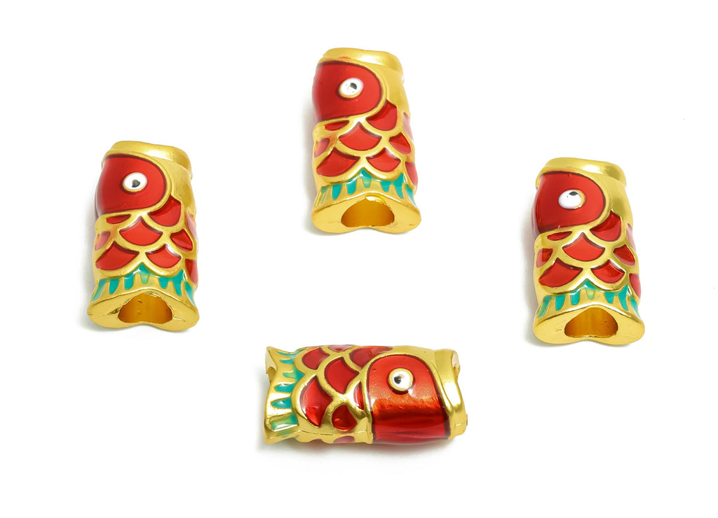 Alloy Fish Koi Bead - Enamel Fish Tube for Bracelets - Marine Artisan Fish Bead - Eastern Charm - 18K Matte Gold - 16.36x9.2x6.9mm - ZZ2142 - DOMEDBAZAAR