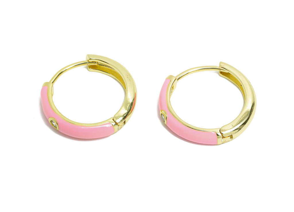 Brass CZ Hoop Earring - Pink Enamel CZ Huggie Earring - Classic Hoop Minimalist Jewelry - 18K Real Gold Plated - 19.49x19.19x3.72mm -RGP9763 - DOMEDBAZAAR