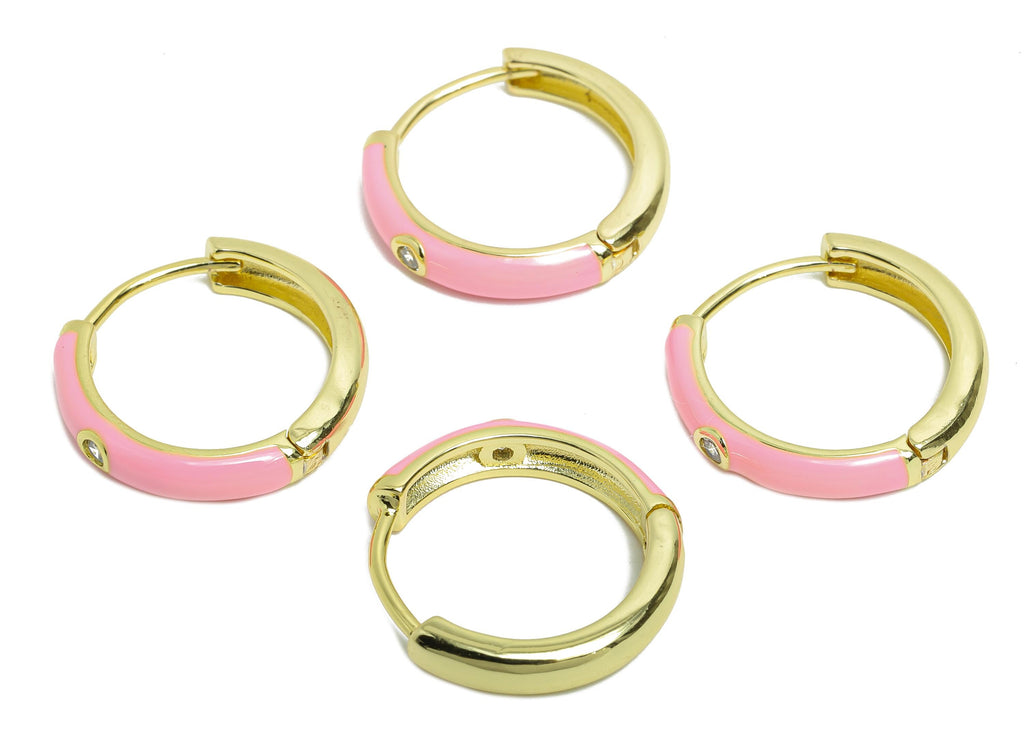 Brass CZ Hoop Earring - Pink Enamel CZ Huggie Earring - Classic Hoop Minimalist Jewelry - 18K Real Gold Plated - 19.49x19.19x3.72mm -RGP9763 - DOMEDBAZAAR