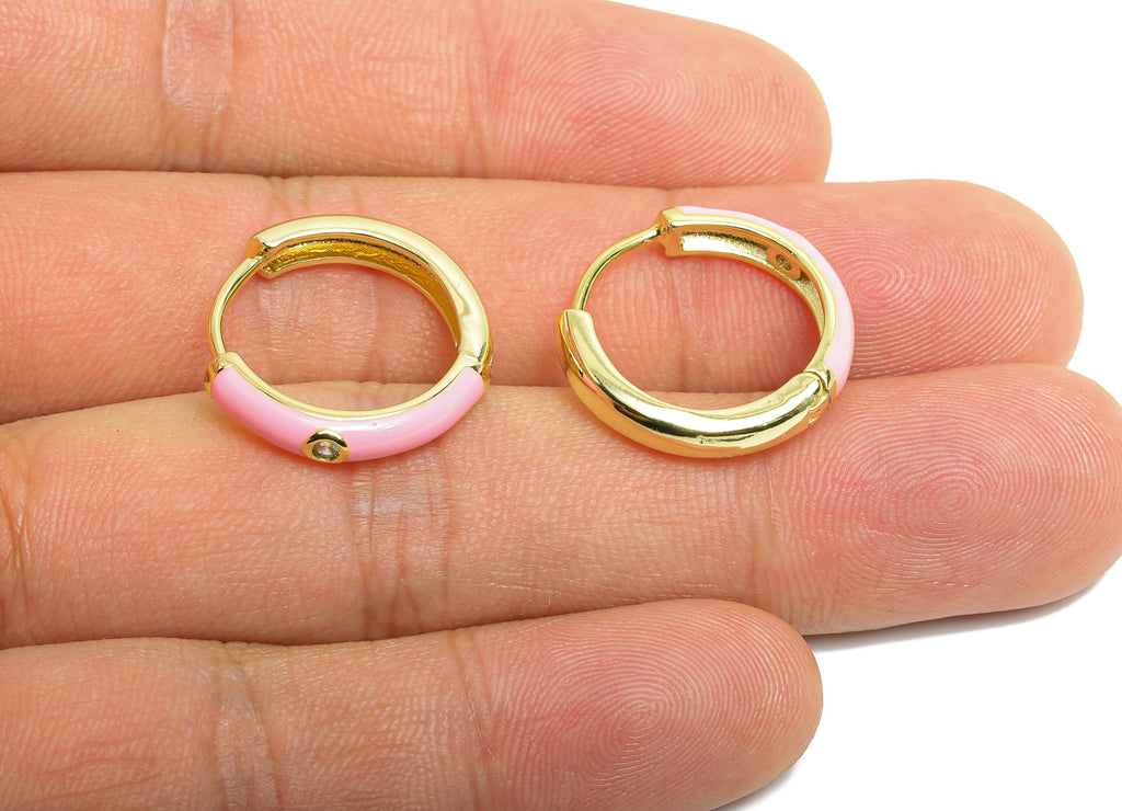 Brass CZ Hoop Earring - Pink Enamel CZ Huggie Earring - Classic Hoop Minimalist Jewelry - 18K Real Gold Plated - 19.49x19.19x3.72mm -RGP9763 - DOMEDBAZAAR