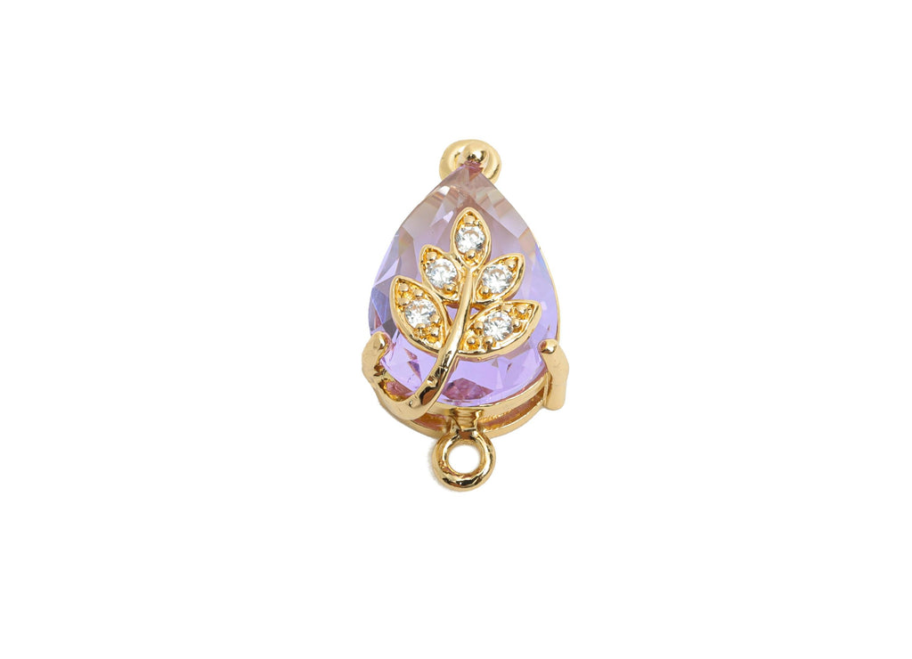 Teardrop Crystal Connector - Dainty Purple Glass with Leaf Design - Artisan Crystal Jewelry - KC Gold Plated - 20x11x10.57mm - GS1277 - DOMEDBAZAAR