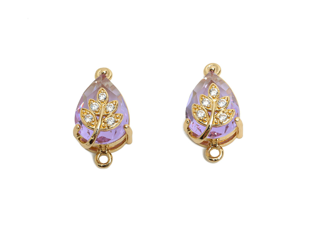 Teardrop Crystal Connector - Dainty Purple Glass with Leaf Design - Artisan Crystal Jewelry - KC Gold Plated - 20x11x10.57mm - GS1277 - DOMEDBAZAAR