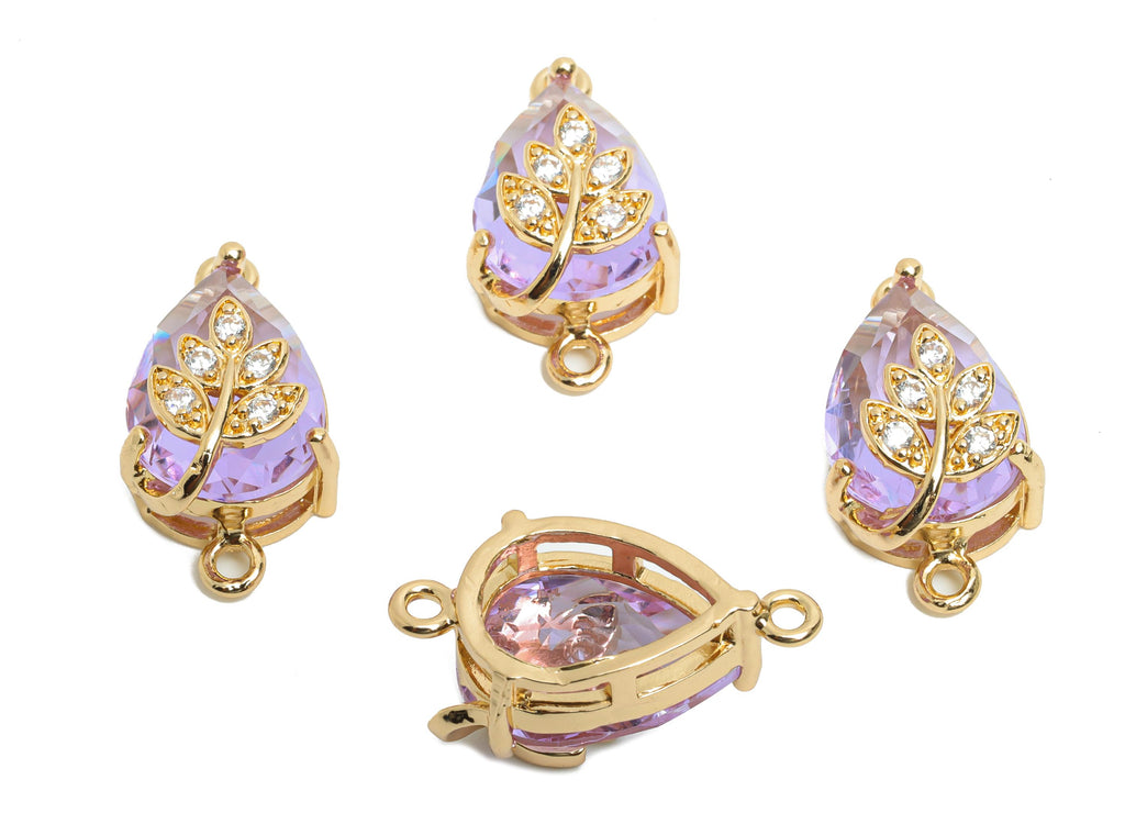 Teardrop Crystal Connector - Dainty Purple Glass with Leaf Design - Artisan Crystal Jewelry - KC Gold Plated - 20x11x10.57mm - GS1277 - DOMEDBAZAAR