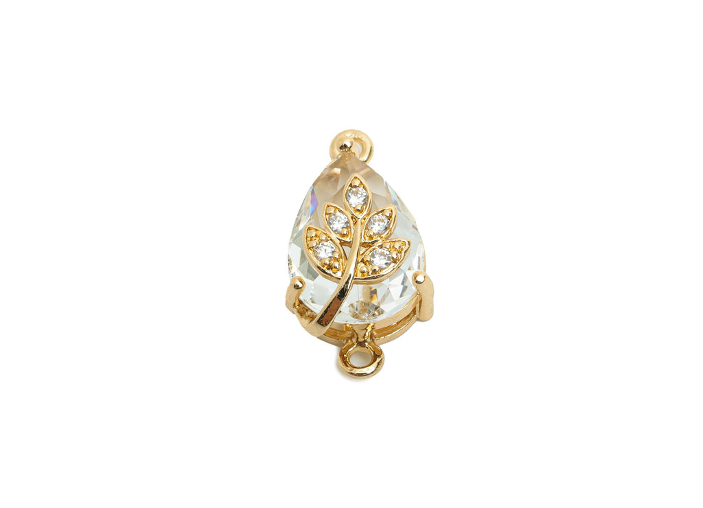 Teardrop Crystal Connector - Dainty Faceted Glass with Leaf Charm - Artisan Crystal Jewelry - KC Gold Plated - 20x11x10.57mm - GS1282 - DOMEDBAZAAR