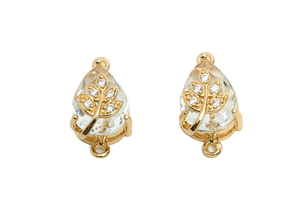 Teardrop Crystal Connector - Dainty Faceted Glass with Leaf Charm - Artisan Crystal Jewelry - KC Gold Plated - 20x11x10.57mm - GS1282 - DOMEDBAZAAR