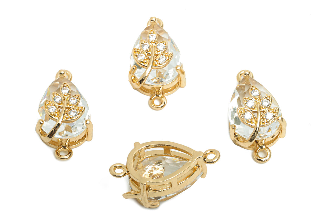 Teardrop Crystal Connector - Dainty Faceted Glass with Leaf Charm - Artisan Crystal Jewelry - KC Gold Plated - 20x11x10.57mm - GS1282 - DOMEDBAZAAR