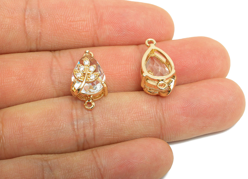 Teardrop Crystal Connector - Dainty Faceted Glass with Leaf Charm - Artisan Crystal Jewelry - KC Gold Plated - 20x11x10.57mm - GS1282 - DOMEDBAZAAR