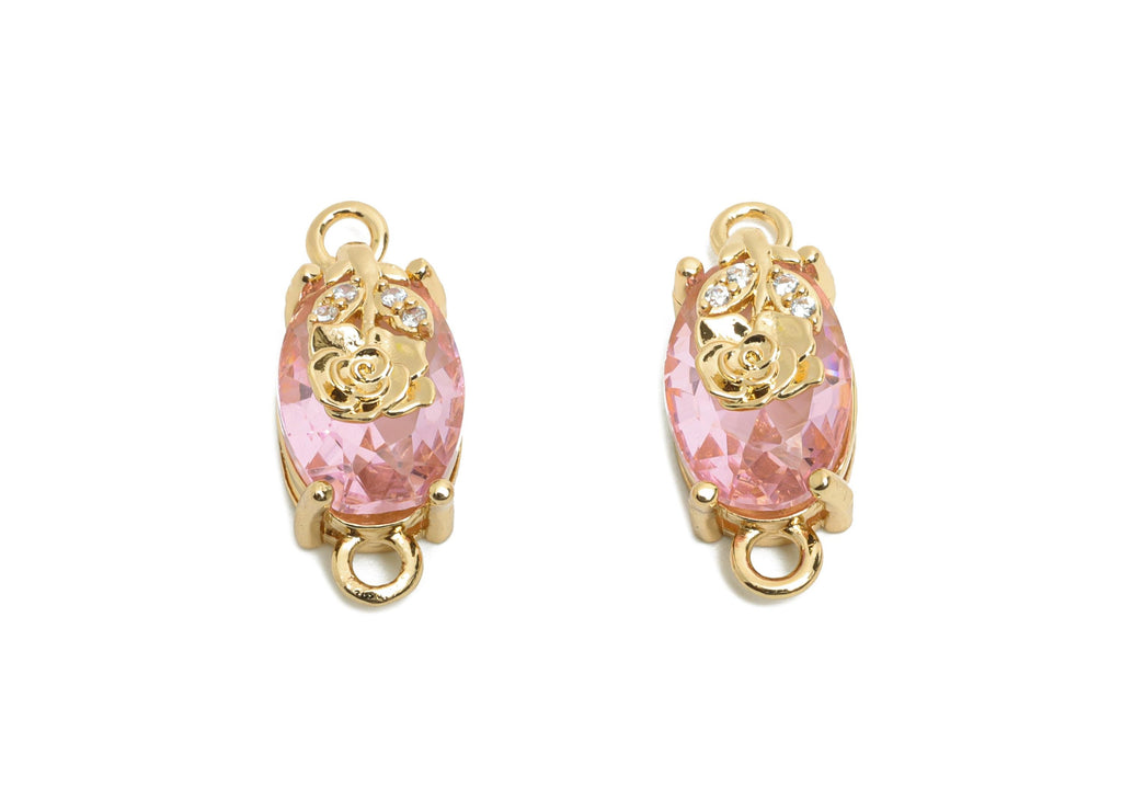 Pink Crystal Rose Connector - Faceted Oval Glass with Zircon Connector - Romantic Jewelry - KC Gold Tone Plated Brass - 19x8x6.52mm- GS1297 - DOMEDBAZAAR