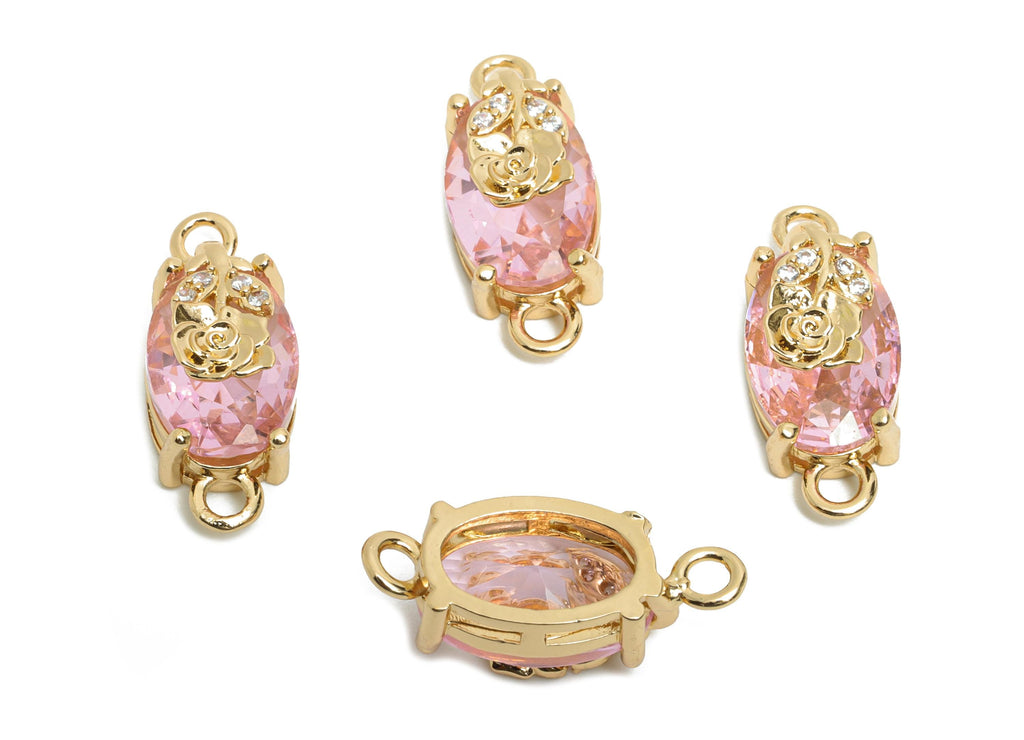 Pink Crystal Rose Connector - Faceted Oval Glass with Zircon Connector - Romantic Jewelry - KC Gold Tone Plated Brass - 19x8x6.52mm- GS1297 - DOMEDBAZAAR
