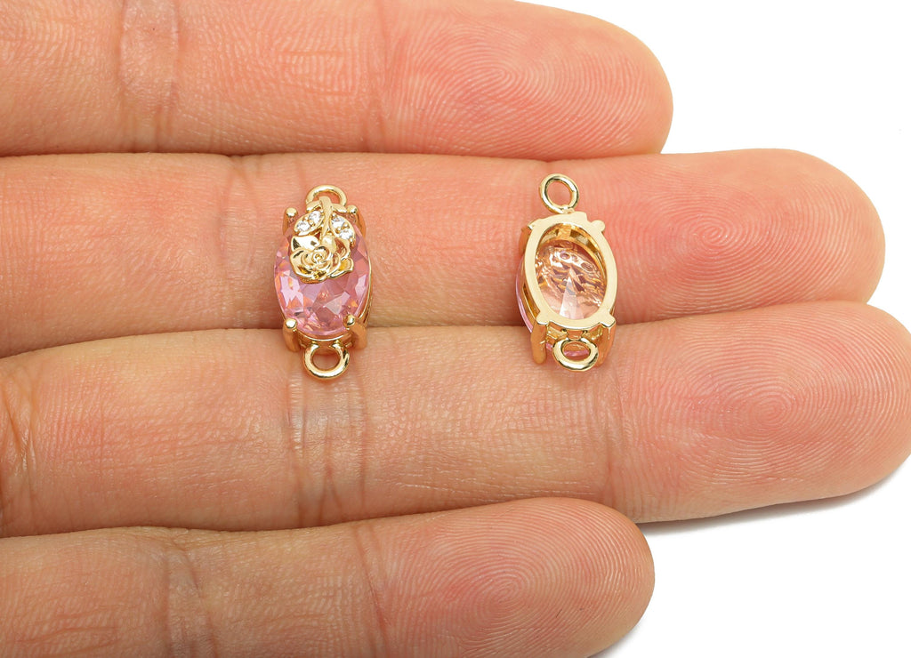 Pink Crystal Rose Connector - Faceted Oval Glass with Zircon Connector - Romantic Jewelry - KC Gold Tone Plated Brass - 19x8x6.52mm- GS1297 - DOMEDBAZAAR