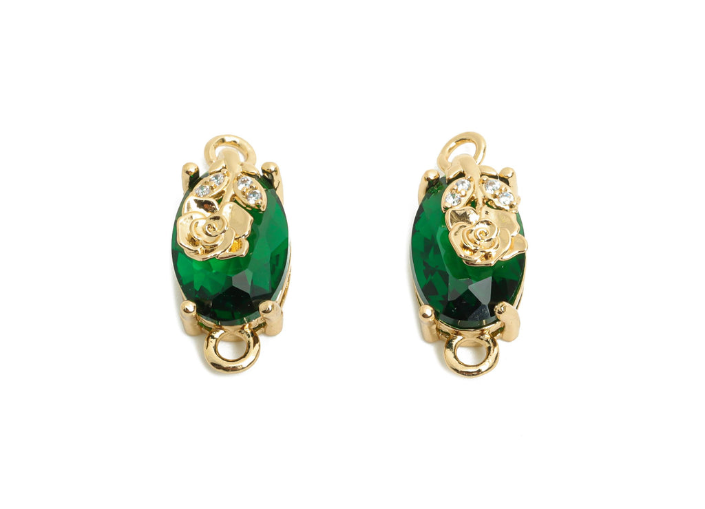 Green Crystal Rose Connector - Luxury Faceted Oval Glass Connector with Zircon - Romantic Jewelry - KC Gold Plated Brass -19x8x6.5mm -GS1300 - DOMEDBAZAAR