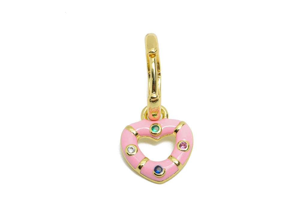 Dangle Hoop Lever back Earring - Pink Enamel Heart Earring - Brass CZ Huggie Hoop Clasp - 18K Real Gold Plated - 23.76x11.54x2.01mm -RGP9816 - DOMEDBAZAAR