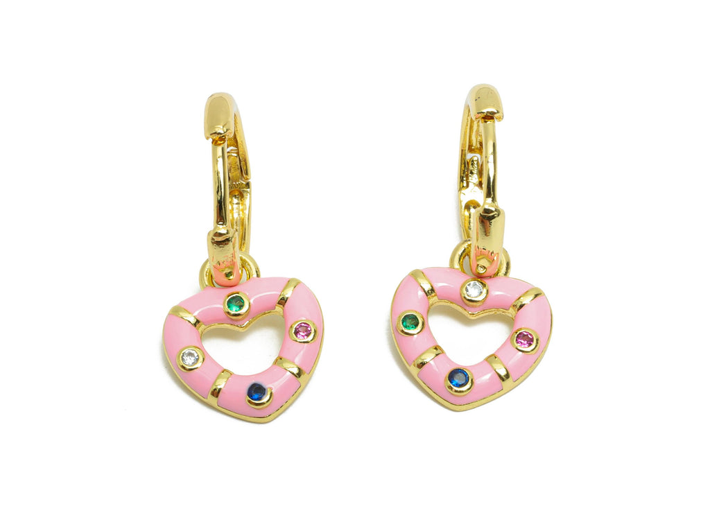 Dangle Hoop Lever back Earring - Pink Enamel Heart Earring - Brass CZ Huggie Hoop Clasp - 18K Real Gold Plated - 23.76x11.54x2.01mm -RGP9816 - DOMEDBAZAAR
