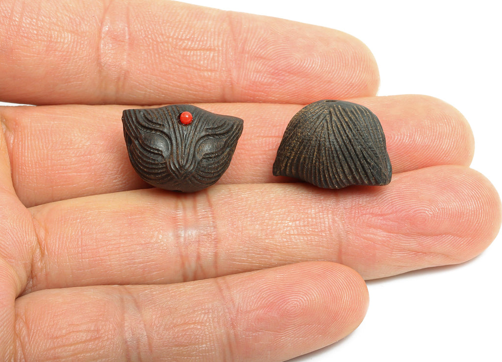 Carved Wooden Cat Face Bead - Black Wood Cat Charm - Handcrafted Cat Wooden Bead - Handmade Wooden Beads for Bracelet - 14x20x15mm - BB1319 - DOMEDBAZAAR