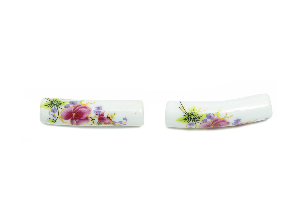 Glazed Ceramic Bracelet Bead - Floral Curved Spacer Tube Beads - Handmade Bead Connector - Jewelry Component - 39.74x10.98x9.93mm - GS1337 - DOMEDBAZAAR