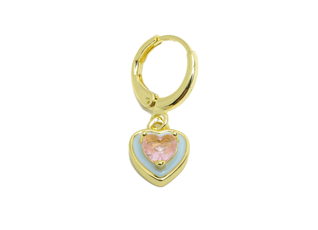 Dangle Hoop Lever back Earring - Blue Enamel Heart Earring - Brass CZ Huggie Hoop Clasp - 18K Real Gold Plated - 25.04x8.99x3.83mm - RGP9811 - DOMEDBAZAAR