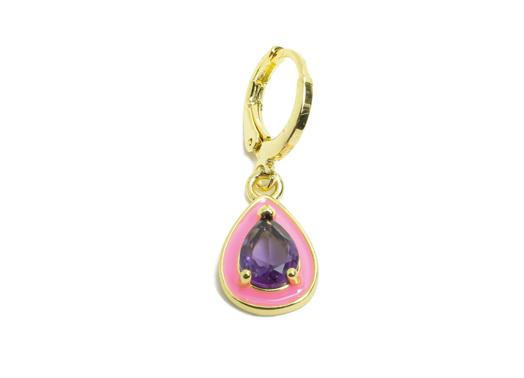 Dangle Drop Hoop Lever back Earring - Pink Enamel Drop Earring - Brass CZ Huggie Hoop Clasp - 18K Gold Plated - 29.69x9.96x4.14mm -RGP9797 - DOMEDBAZAAR