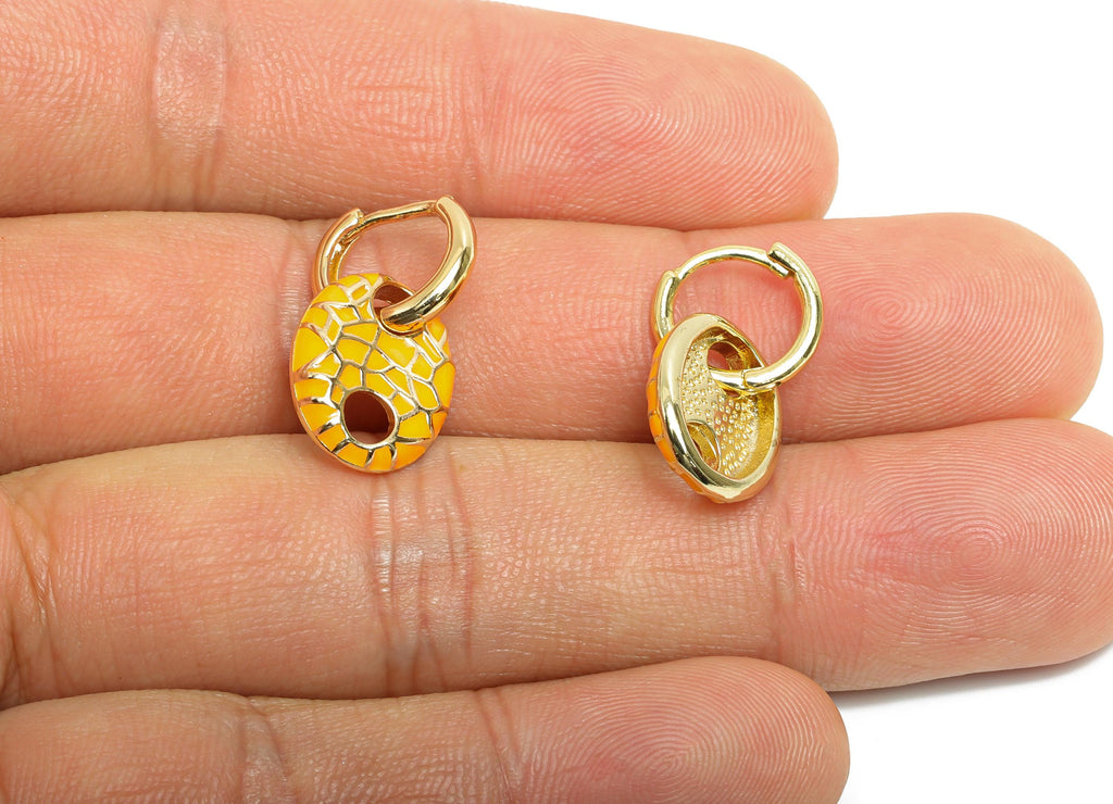 Gold Dangle Hoop Clasp - Orange Enamel Colorful Earring - Modern Brass Huggie Hoop Clasp - 18K Real Gold Plated -22.25x11.66x2.96mm -RGP9780 - DOMEDBAZAAR