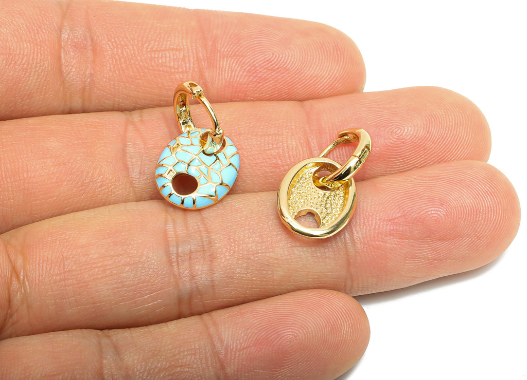 Gold Dangle Hoop Clasp - Blue Enamel Colorful Earring - Modern Brass Huggie Hoop Clasp - 18K Real Gold Plated - 22.25x11.66x2.96mm - RGP9781 - DOMEDBAZAAR