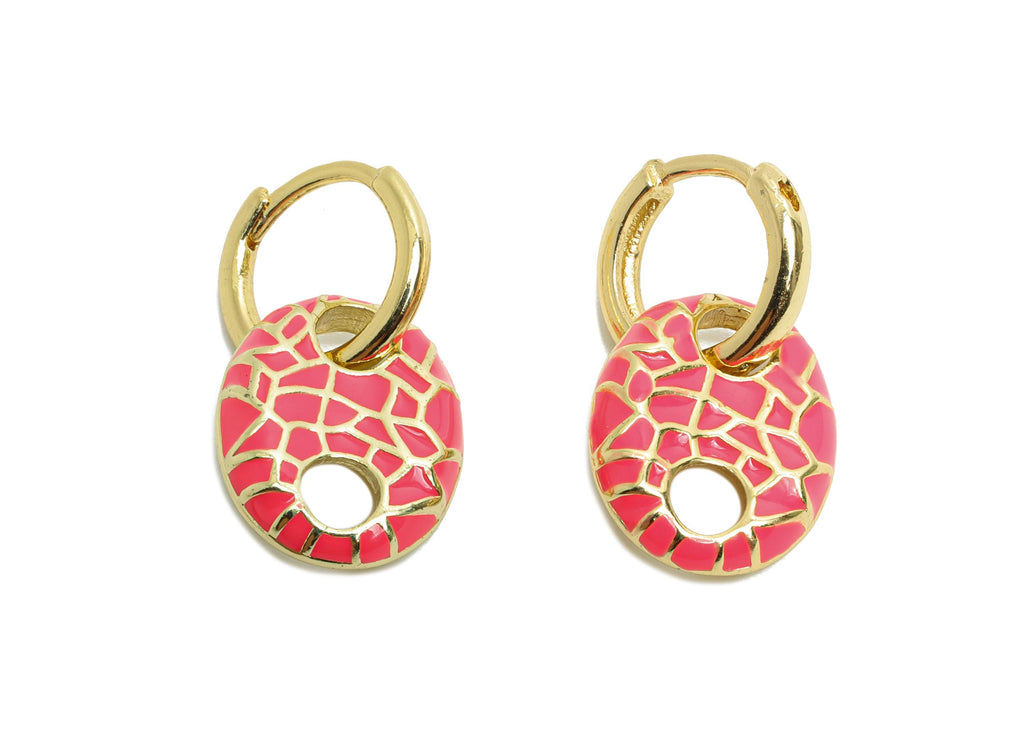 Gold Dangle Hoop Clasp - Pink Enamel Colorful Earring - Modern Brass Huggie Hoop Clasp - 18K Real Gold Plated - 22.25x11.66x2.96mm - RGP9782 - DOMEDBAZAAR